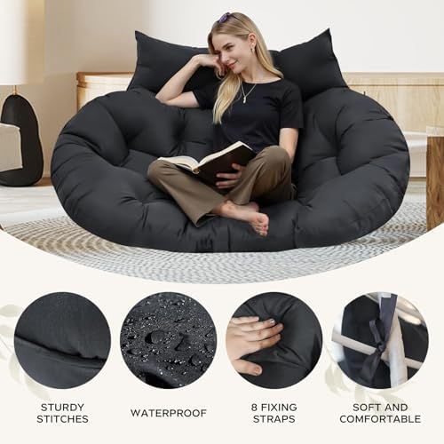 Image of Double Seater Cushion Set - Polyester Fabric Padded Seat for Hanging Egg /Garden Jhula (Black)