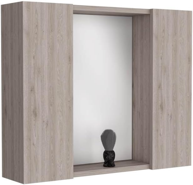LIFE SKY Wall Mounted Bathroom Mirror Cabinet: Modern Wood Design with Double Doors & Storage Shelf - Space Saving Solution for Small Apartments & Minimalist Lifestyle