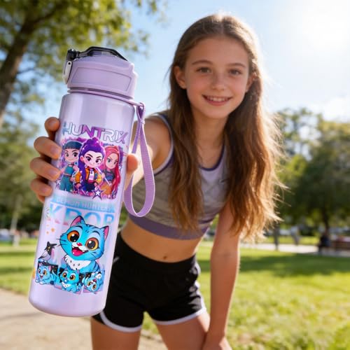 Dowdiles 700 ml Trinkflasche mit Strohhalm – Doppelseitiges Cartoon Motiv, auslaufsicherer Trinkbecher mit Deckel & Griff – BPA-frei, bruchfest – für Schule, Camping, Reisen – für Mädchen