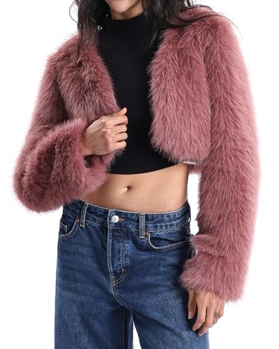 Xintianji Womens Faux Fur Cropped Jacket - Open Front Long Sleeve Winter Fuzzy Fleece Coat