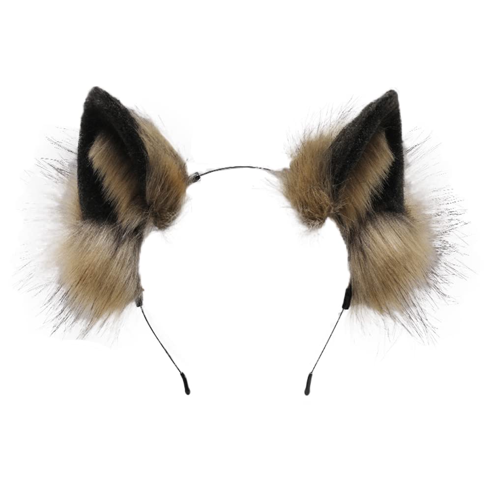 ILUFAM Furry Fox Wolf Cat Ears Headband Animal Cosplay Hair Hoop Party Costume Headwear Fancy Dress Hair Accessories (Brown)