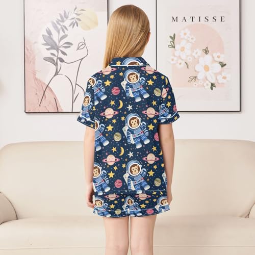 ALAZA Astronaut Monkey Star Planet Black Pajamas Satin Pajama Set Short Sleeve Button Down Sleepwear4