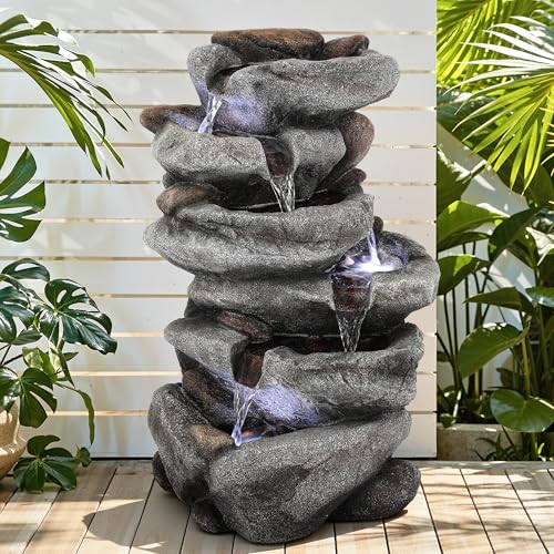 Ultym 20' H Outdoor Water Fountain with LED Lights, 5-Tier Rock Outdoor Fountain with Pump,Polyresin Cascading Freestanding Waterfall Feature for Tranquil Garden, Patio or Porch
