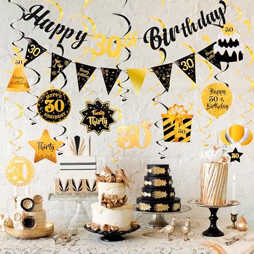 Image of 30th Birthday Decorations for Him Black Gold Happy 30th Birthday Decorations For Men Women Pre Strung Birthday Banner Bunting and Hanging Swirls