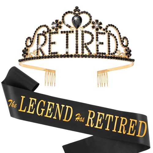 CAVETEE Retirement Party Decorations for Women, "The Legend Has Retired" Sash and Tiara/Crown Set for Women Retirement Party Supplies, Gifts, Favors (Black, onesizw)