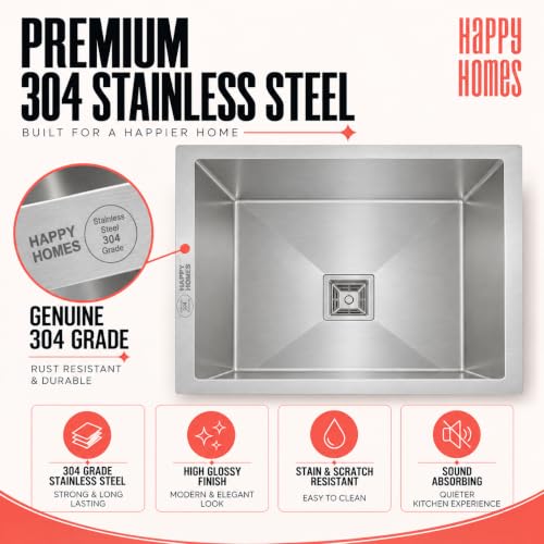 Image of HAPPY HOMES HAPPY HOMES 24x18x10 Inch Kitchen Sink 100% Stamped 304 Grade Stainless Steel with Nanocoated Undercoating, Sound Dampening |Square Coupling and Metal Fruit Basket | 25 Years Warranty
