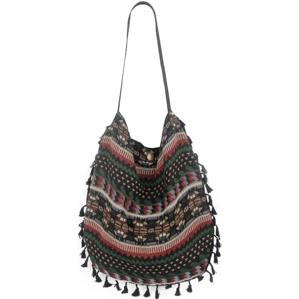 Danlai Women's Brown Stripe Ethnic Style Shoulder Bag Tassel Messenger Bag Vintage Tourist Handbag Cotton Casual Bag For Girls