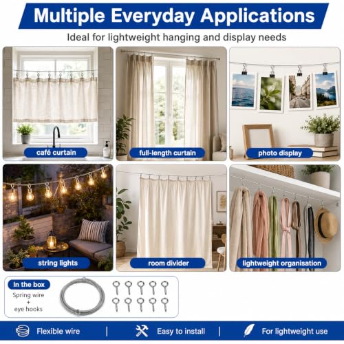 Image of Livshine Spring Curtain Wire 2 Meter with 8 Screw Eye Hooks, Flexible Metal Curtain Hanging Wire Kit for Windows, Cafe Curtains, Photo Display, String Lights and Decor