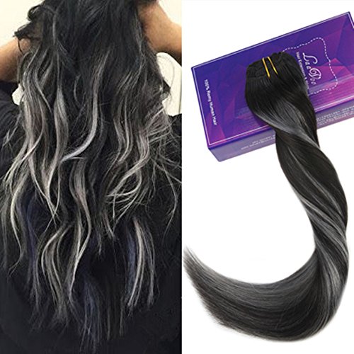 LaaVoo 18 Inch Clip on Human Hair Extensions Balayage Color #1B Off Black to Grey Silver 100% Remy Human Hair Extensions 7pcs Full Head 120g/Package
