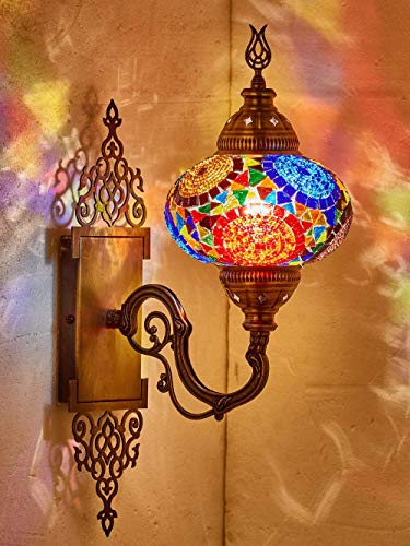 DEMMEX Applique da Parete Turca Marocchina in Mosaico, Globo in Vetro Fatto a Mano, Base in Ottone, Cavo 1,5 m, Illuminazione Decorativa per Soggiorno e Camera, Topmix