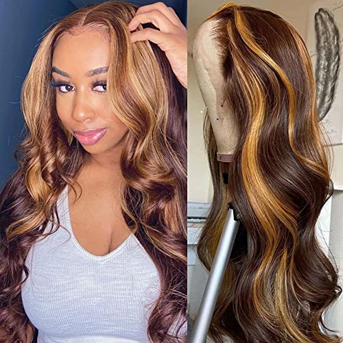 4/27 Highlight Lace Front Wig Human Hair Ombre Brazilian Body Wave Glueless Human Hair Wig For Black Women 13x6x1 Transparent Lace Wig 150% Density 20 Inch