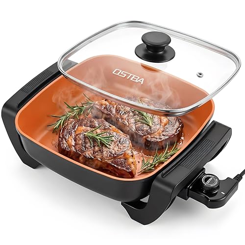 OSTBA 12'x12' Electric Skillet with Glass Lid, 5.2QT Large Nonstick Frying Pan for Family Meals, 1500W Fast Heating, 5-Level Adjustable Temperature Control, PFOA Free, Easy to Clean