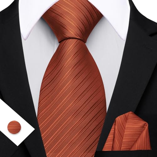 Image of Barry.Wang Solid Striped Tie for Men Silk Necktie Pocket Square Cufflinks Formal Wedding Party Business