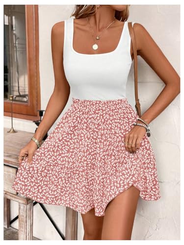 SOLY HUX Summer Dresses for Women Floral Print Square Neck Sleeveless A Line Ruffle Hem Flowy Short Dress4