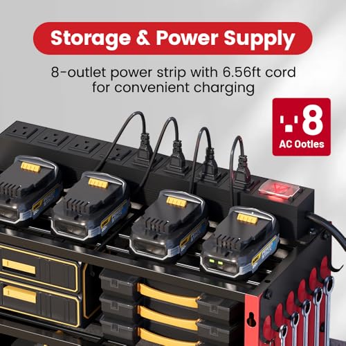 Image of 4 Layers Power Tool Organizer Wall Mount with Power Strip, Heavy Duty Metal Tool Shelf, 400lbs Capacity for Cordless Drills, Batteries & Garage Storage (8 Slots with 8 Outlets Power Strip)