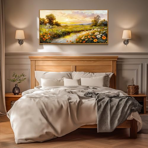 crmotu Landscape Wall Art, Floral Wall Decor, Large Framed Wall Art, Countryside Sunset Scenic Canvas Prints, Meadow Wildflowers Aesthetic Paintings Wall Decor Living Room Bedroom Bathroom 24x48inch