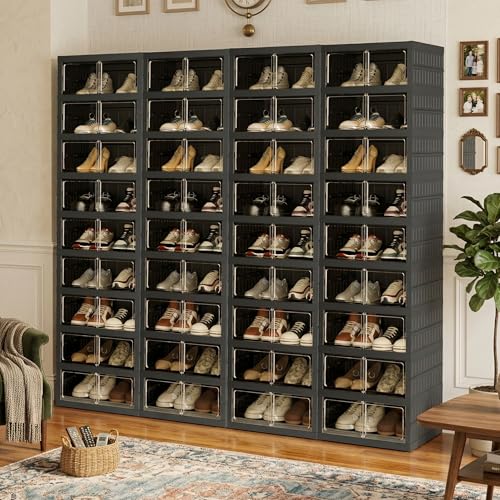 Image of Foldable Shoe Organizer Storage Box Set of 4, Portable Extra Large Folding Shoe Rack for Closet, Shoe Storage Box with Magnetic Transparent Door and Wheels, 9 Layers 18 Grids