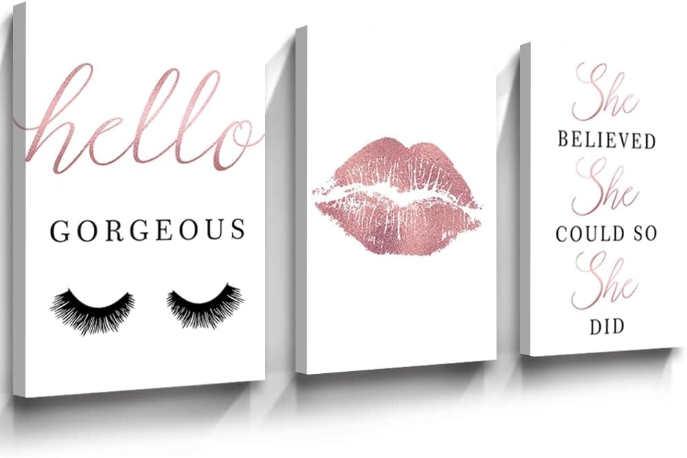 Makeup Canvas Art Wall Decor Beauty Salon Canvas Wall Art Eyelash Pictures Rose Gold Modern Fashion Poster Lipstick Lips Lash Poster Prints for Women Girl Room Decor Unframed