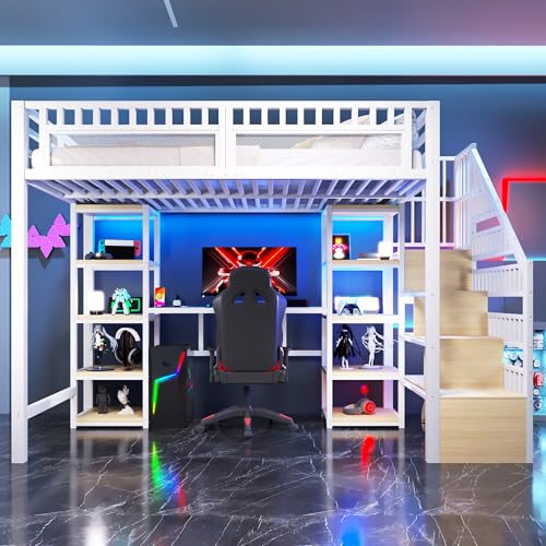 NovaFurnish Cama alta, 90 x 200 cm, marco de hierro, compartimento de almacenamiento, escalera con espacio de almacenamiento, escritorio, barra de luces LED, puerto USB incluido, sin colchón (blanco
