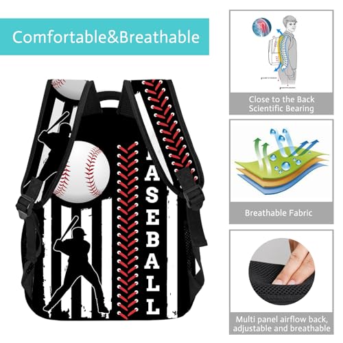 GNEW American Flag Baseball Backpack Boys Baseball School Backpack, Cool Kids Baseball Backpack for Boys, Black White Red Travel Laptop Backpack, Elementary Middle High School Bookbags, 16.5 Inch3
