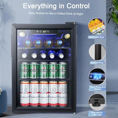 Image of Antarctic Star Beverage Refrigerator Cooler-85 Can Mini Fridge Glass Door for Soda Beer Wine Stainless Steel Glass Door Small Drink Dispenser Digital Display for Home, Office Bar,2.6cu.ft