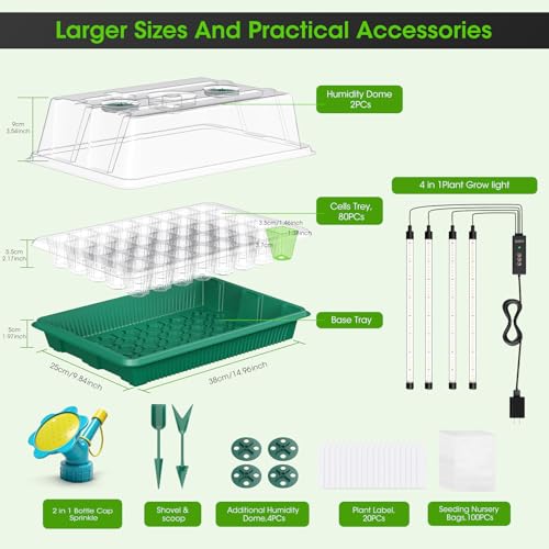 Seed Starter Tray with Grow Light, 2 Pack 80-Cell Seedling Starter Kit with Smart Timer & Humidity Dome, Indoor Plant Germination Kit with 100pcs Nursery Bags & 2-in-1 Sprinkler for Seed Starting - Image 7