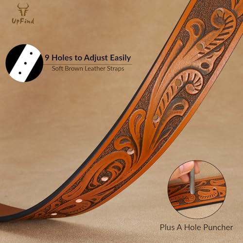 Western Cowboy Leather Belt Men Women, Gold Initial Letters ABCJMZ Buckle Embossed Belt for Jeans