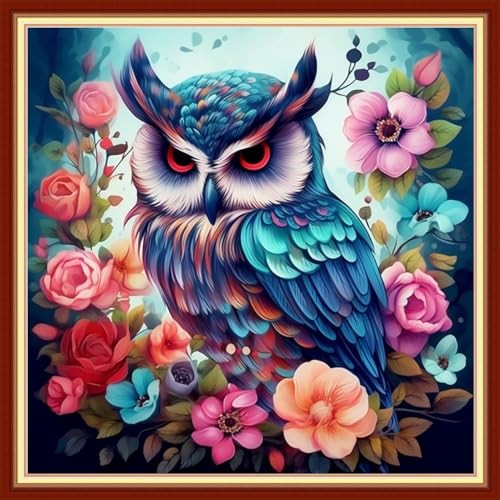 Image of Dimxvean Stamped Cross Stitch Kits,Cross Stitch Kits for Adults Beginners,Embroidery Kits Full Range of Cross Stitch Stamped Kits Needlepoint Kits Cross Stitch Patterns-Owl Flower 18x18 inch