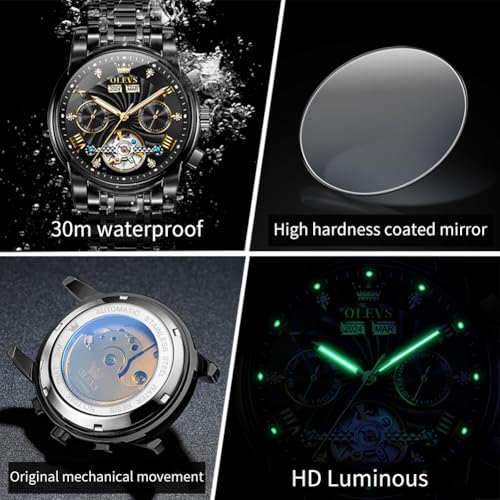 Image of OLEVS Black Automatic Watches for Men Business Dress Mechanical Watch Stainless Steel Waterproof Self Winding Classic Date Luxury Diamond Skeleton Men Wristwatch