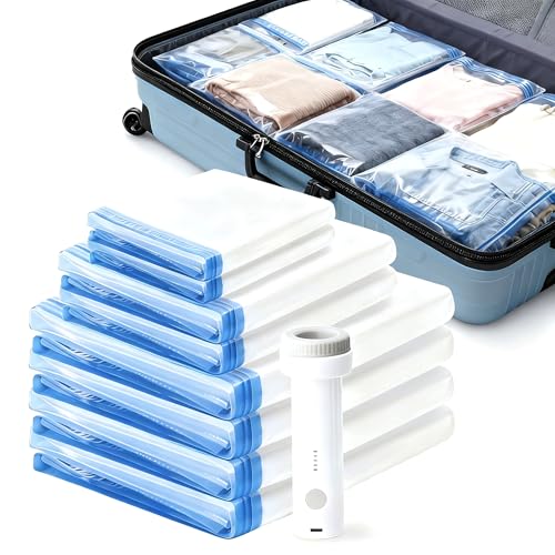 Wuzzon コードレス電動ポンプ付き 圧縮袋セット 【8枚組/家庭用】80×100cm 4枚/ 50×70cm 2枚 /40×60cm 2枚 ふとん・衣類用 真空収納袋 80×100cm特大サイズ 布団 衣類 毛布 洋服 ふとん 特大サイズ 真空収納袋 高密封性 防湿 防塵 防臭 防カビ 圧縮パック ダニ対策 収納/引越し/衣替え/出張/旅行対応のサムネイル