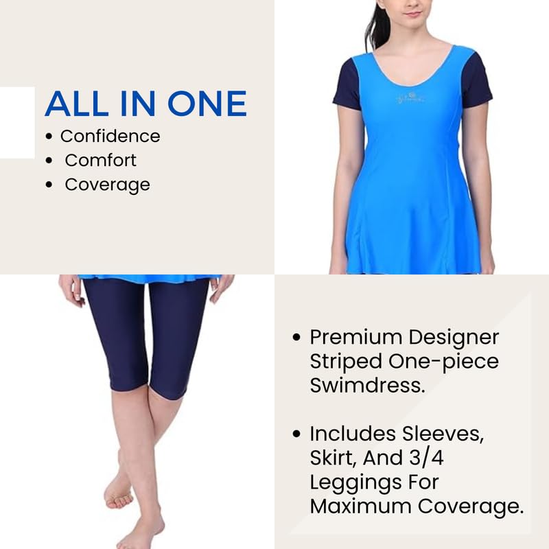 Image of Originals Swimming Costume for Women's One-Piece Beach Wear with Sleeve & Skirted 3 /4 Leggings Maximum Covered Swim Wear Dress (L - 7XL)