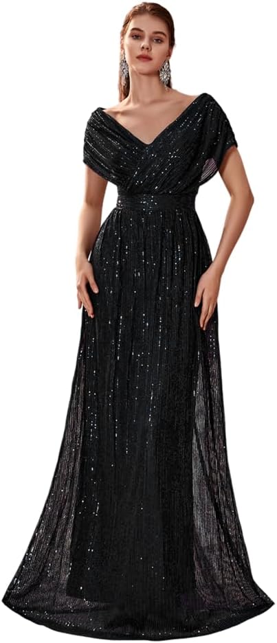 Giffniseti Women's V Neck Sequin Ball Gown Formal Maxi Dress A-Line Prom Evening Party Gowns