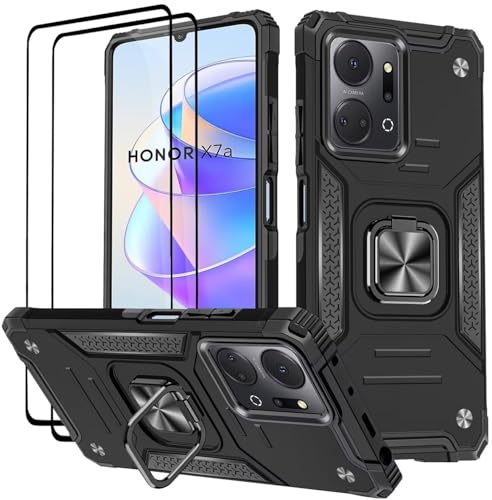 KANSi Funda para Honor X7a, Cristal Vidrio Templado [2 Piezas] Capa Anillo iman Soporte Hard PC y Silicona TPU Antigolpes Armor Carcasa - Negro