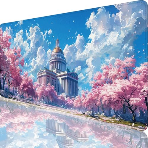 Pink Mouse Pad, Cherry Blossoms Large Mouse Mat 48 x 24 in Non-Slip Rubber Base, Extended Desk Mat with Stitched Edges, Waterproof Desk Pad Keyboard Protector, Gaming Computer Accessories Decor 9-4o