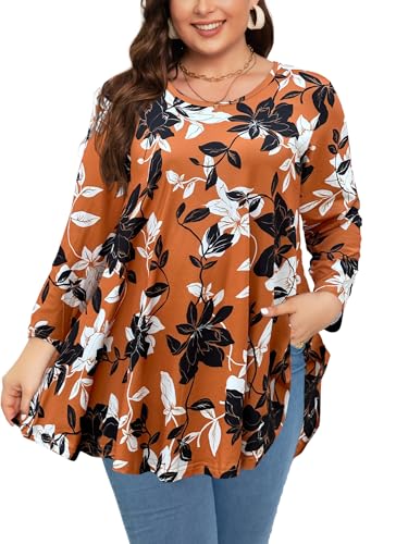 Womens Tunic 3/4 Sleeve Plus Size Tops Crew Neck Swing Flowy Loose Fit T-Shirt Blouses to Wear with Leggings