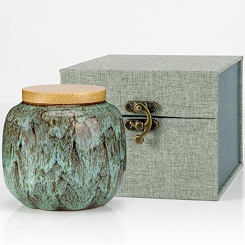 HCLRW Small Urns for Human Ashes, Ceramic Memorial Mini Urns, Hold 10 Cubic Inches of Ashes, Small Sharing Ash Keepsake with Exquisite Box Honor Your Loved One Lost (Green)