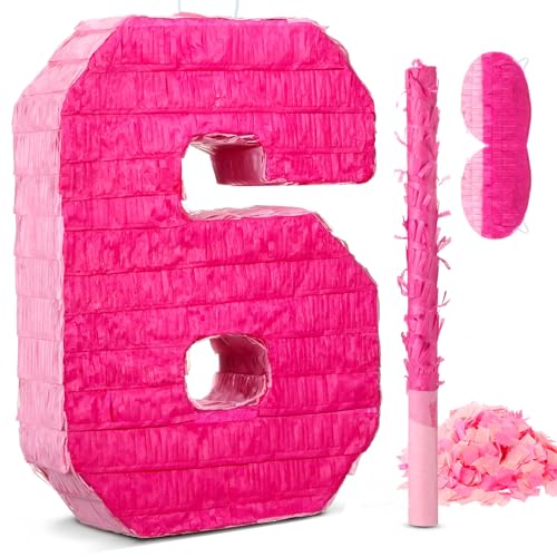 Pink Number 6 Pinata for 6th Birthday Party Decorations, Perfect for 6th Birthday Party Supplies, Fiesta, Anniversary Celebration, Birthday Pinata with Stick, Blindfold (Large 16 x 11.8 x 3.2 Inches)