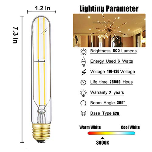 T10 Led Bulb,Dimmable 6W Led Tubular Bulbs, Soft White 3000K, 60 Watt Incandescent Bulb Equivalent,Clear Glass,E26 Base Lamp Bulb,For Cabinet Display Cabinet Etc,4 Pack. (7.3 In -Soft White(3000K)) #TOP2