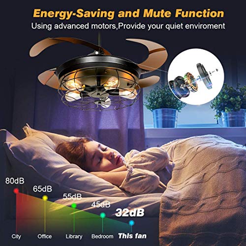 Ledmo 42Inch Big Industrial Retractable Ceiling Fans With Lights 5 Led Bulbs 4 Mode Timing With Remote Controller Vintage Caged Ceiling Fans 2 Down Rods For Kitchen Bedroom Living/Dinning Room #TOP4