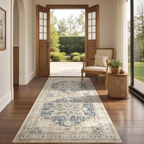 Tortania Area Rug 2x6 Runner Rugs - Washable Vintage Oriental Farmhouse Thin Indoor Carpet for Living Room Bedroom Hallway Entryway Kitchen Under Dining Table Home Office - Cream/Blue