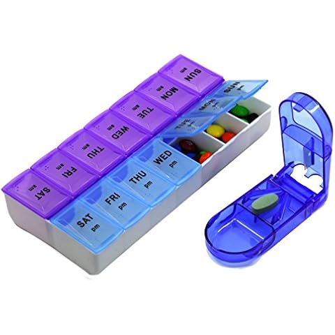 Tablet/Pill Cutter, Medicine Planner, Pill Organizer with Snap Lids| 7-Day AM/PM for Pills, Vitamin Medicines. (14 Compartments) Cover
