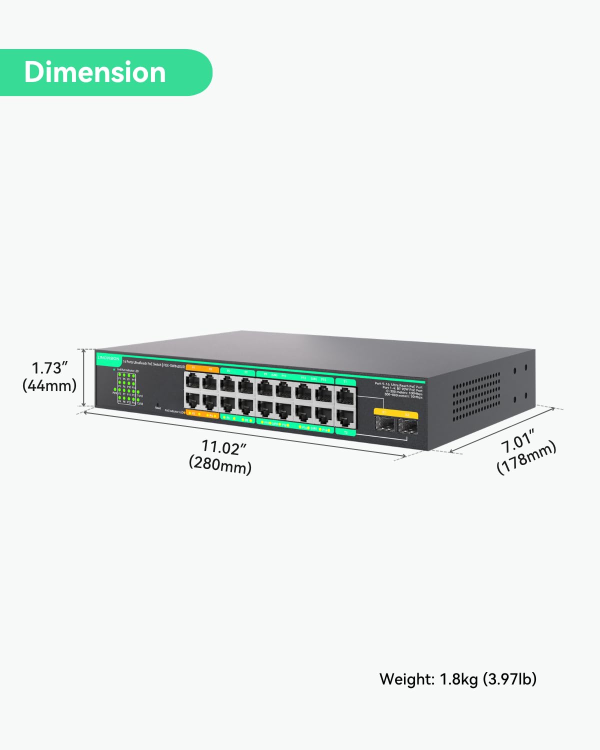 LINOVISION Switch PoE de 16 Puertos y Alcance Ultra Largo con gestión remota en la Nube, transmisión de Datos y PoE de Largo Alcance de hasta 800m, 4 Puertos BT de 90W y 12 Puertos AT de 30W