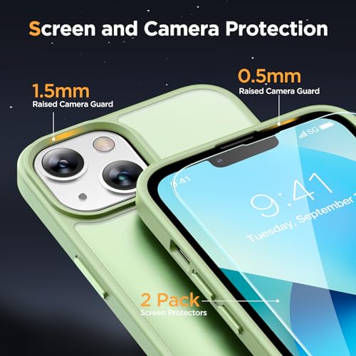 Image of Miracase Magnetic for iPhone 13 Case 6.1 inch (Compatible with MagSafe)(with 2X Screen Protectors) Military-Grade Protection, Anti-Fingerprint Translucent Matte Phone Case Cover, Light Green
