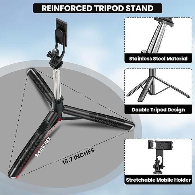 Image of NEXSA Extra-Long Selfie Stick Tripod, 67-Inch Extendable Phone Tripod Stand with Bluetooth Remote - Foldable, Lightweight, and Compatible with Cameras & Smartphones