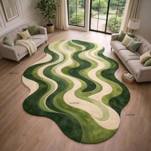 Image of Hand Tufted Wool Rug 6x8 Ft - Modern Irregular Shape Aesthetic Carpet, 1 Inch Thick Pile, Anti-Skid Backing, Soft Handmade Woolen Area Rug for Living Room, Bedroom, Hall Decor