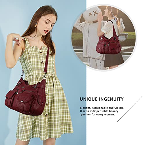 Image of Purses Women Handbags Large Double Zipper Multi Pocket Washed Shoulder Bags Purse with compartments Designer