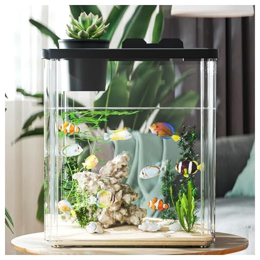 Kit complet d'aquarium - Réservoir à poissons avec lumières LED, pompe, fleurs artificielles et pierres et cuillères à poisson - Décoration de table pour la maison, le bureau, le salon - 17 x 11 x