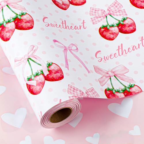 Homeral Pink Strawberry Birthday Wrapping Paper Roll - 17In x 16.5Ft Reversible Gift Wrap Strawberry and Bow Pattern Art Paper for Girls Baby Shower Birthday Wedding Valentines Day DIY Crafts