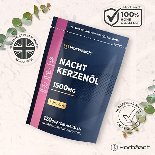 Nachtkerzenöl Kapseln Hochdosiert 1500mg | 120 Evening Primrose Oil Softgel Capsules | mit Omega 6 und GLA | von Horbaach