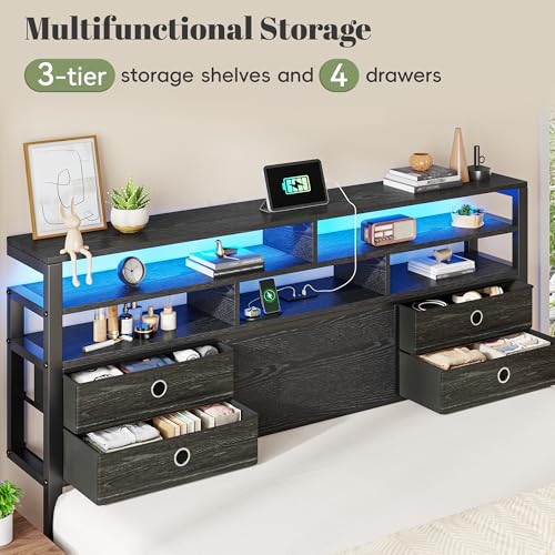 Image of Homkdom King Bed Frame with Storage Headboard, Charger & LED Lights, Black | 3-tier shelves and 4 drawers,2 USB&1 Type-C ports,Heavy-duty metal loads 880lbs,Noise-free,No box spring needed,Easy assembly